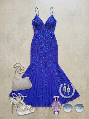 Y2K JUMP Apparel Royal Blue Fully Beaded Strappy V-back Formal Gown